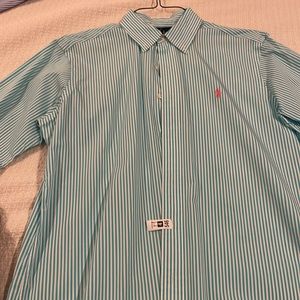 Ralph lauren classic fit button down (medium). Green stripe with pink polo logo